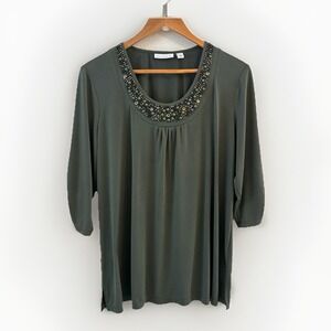 Susan Graver Womens Liquid Knit Beaded Tunic Top Size L Stretch 3/4 Sleeve